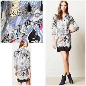 Anthro Drawing Florence Balducci Tiger Peacocks Bird Floral Menagerie Silk Dress